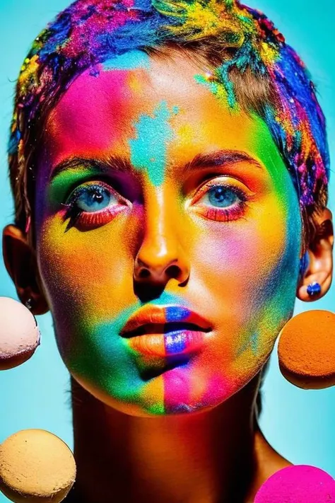 a close up of a woman with colorful makeup and makeup powder