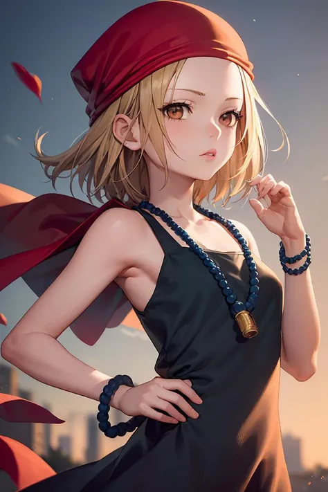 (masterpiece, best quality), 1girls, beautiful face,  <lora:annakyouyama-lora-nochekaiser:1> anna kyouyama, blonde hair, short hair, (brown eyes:1.5), bandana, beads, black dress, dress, prayer beads,