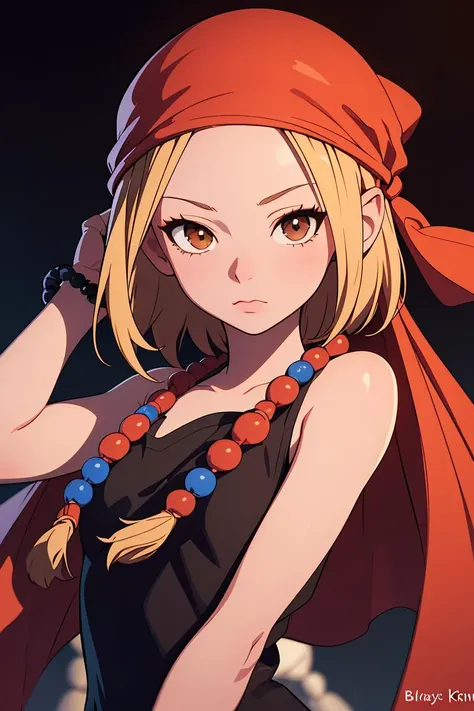 (masterpiece, best quality), 1girls, beautiful face,  <lora:annakyouyama-lora-nochekaiser:1> anna kyouyama, blonde hair, short hair, (brown eyes:1.5), bandana, beads, black dress, dress, prayer beads,