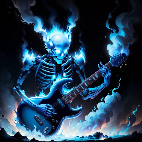 <lora:worldoffire:1>, worldoffire, (blue:1.5), skeleton playing an electric guitar, in motion, night, volumetric lighting, blazing heat, dissipating vapours, flickering flames, fire, inferno, <lora:more_details:0>