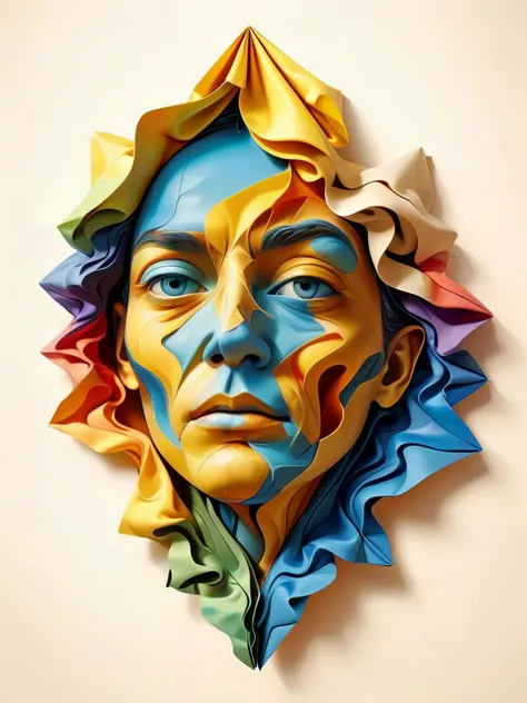 A colorful piece of paper folded into a most unexpected shape, producing beautiful art.

abstract style.

(In the style of Dali) (in the style of Picasso) 

Mystical. Strange. Fantastic. ral-melting, ral-dissolve,

<lora:ral-melting-sdxl:0.3>
<lora:ral-dis...