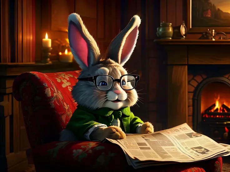 A charming scene of a bunny wearing glasses. He is sitting on a chair, reading the newspaper. Fireplace. Cozy room. Evening.

<lora:RMSDXL_Enhance:1>,
<lora:MJ52:0.6>
