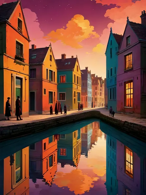 A surreal view down a canal. Houses rise either side. Robed people walk by the shore.

rich color. Reflection.