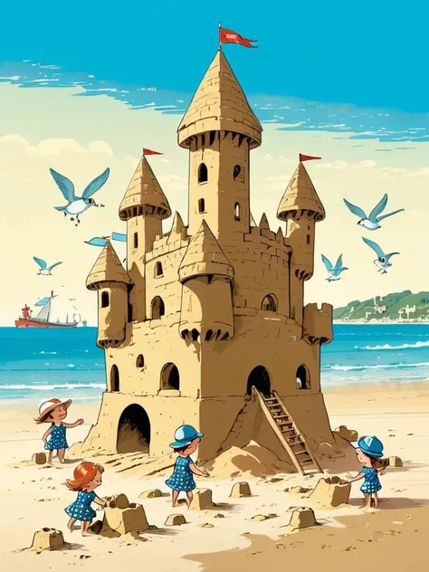 A delightful illustration of a group of small, cheerful creatures building a sandcastle on a sunny beach, with the sea gently lapping at their feet and a clear, blue sky overhead.