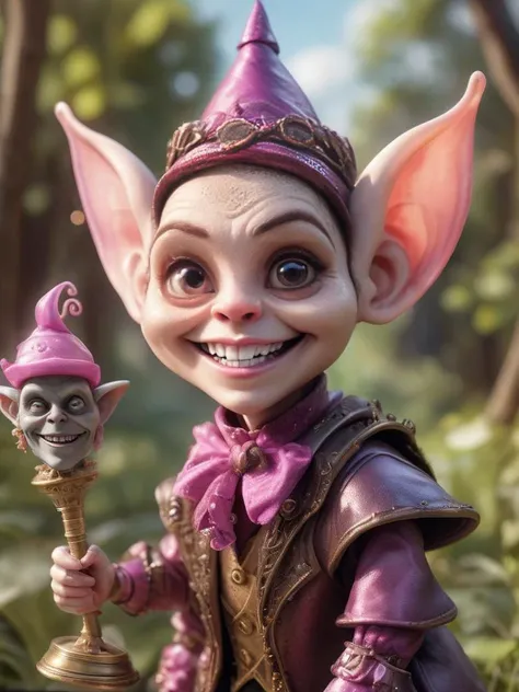 award winning photograph of a cute BarbieCore goblin with tricksters grin in wonderland, magical, whimsical, fantasy art concept, steampunk, intricate details, best quality, masterpiece, ultra sharp, hyper realistic, realism <lora:BarbieCoreXL:0.6>