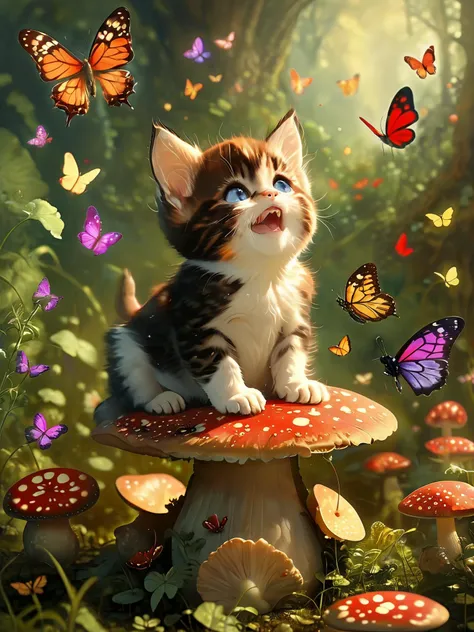 The beauty of a kitten, sitting on a toadstool, surrounded by butterflies, delighting it with their playful fluttering.

<lora:RMSDXL_Enhance:1>,
<lora:MJ52:0.6?
<lora:The_Dark_Side_of_the_Earth:0.7>