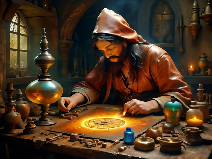 An alchemist, an ancient art, mystical, mysterious,

rustic, realistic, archaic, highly detailed, 

3d. airbrush painting.

<lora:RMSDXL_Enhance:0.45>,
<lora:MJ52:0.6>
