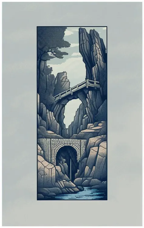 pixel-art a picture of a stone chasm with a bridge in the middle of it and a crumbling stone building in the background with a sky background, Emil Lindenfeld, screen print, a screenprint, private press . low-res, blocky, pixel art style, 8-bit graphics