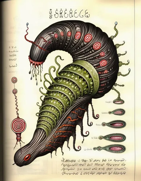 serafini style, a drawing of an alien mind control slug, entrancing, hypnotic, hypnosis device, scientific diagram, spirals, high details, black latex ooze, "<lora:Serafini_Style_XL_V1:0.8>,