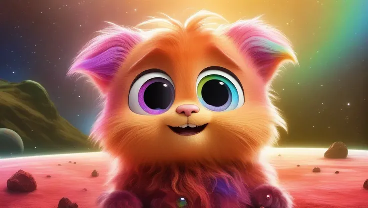 (realistic:1.3), realism, photo realistic, fluffy, cute and adorable, cute , cinematic smooth, intricate detail, cinematic, space, RGB rainbow colors, Creature, solar system, planets, space creature, fantasy, pet, enchanting, precious, loveable, funny, sta...