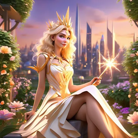 hi poly female sitting in fancy dress holding magic wand, garden, blonde, focus on face, sunset city skyline