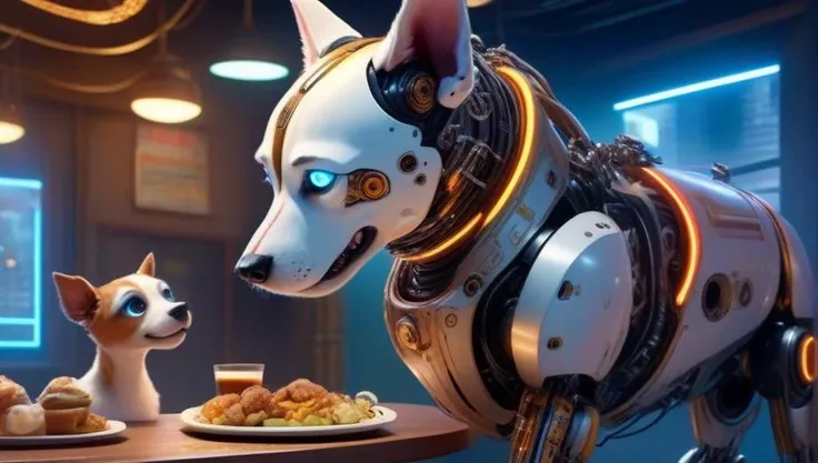 (((masterpiece))), (realistic:1.3), realism, 8k, (best quality:1.2),((1mechanical girl)) petting her (mechanical dog:1.5), restaurant, (food porn:1.5), Textured, detailed,  <lora:cyborg_style_xl:1> cyborg style, glowing eyes, (robot:1.4), cyborg, robotic m...