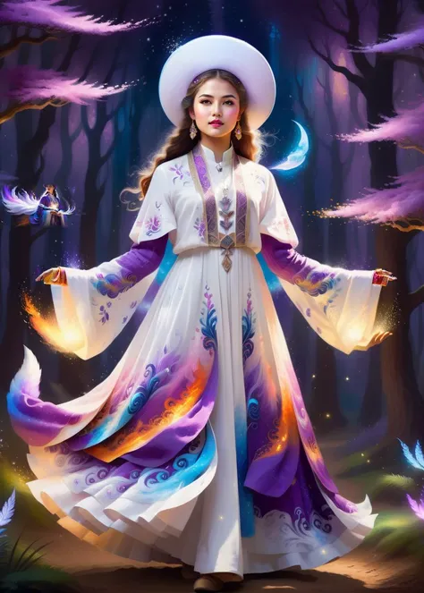 ethereal fantasy concept art of  Inspired by the Impressionist masters, a girl in apurple,white ahanhatbinh clothing, full body, hat, long sleeves <lora:ahanhatbinh:0.8>, a captivating portrait of a woman standing in the magical forest,  swirling lights, l...