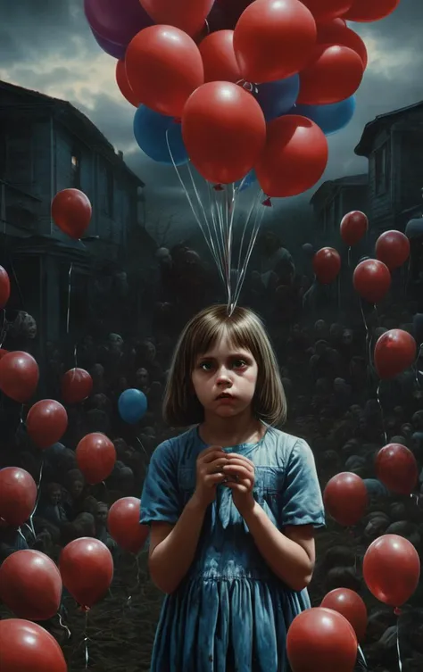 Hyperrealistic art  An unsettling and creepy portrayal of 1 girl clutching a bunch of (human head ) balloons, each created from lifelike features. The composition captures the disturbing juxtaposition between the girls innocent demeanor and the macabre nat...