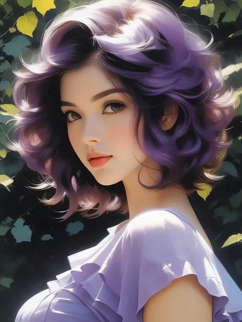 anime, full body, (masterpiece,best quality:1.5), (style of Arthur Suydam ,style of Ossip Zadkine ,style of Franz Xaver Winterhalter,style of Earle Bergey ), BREAK
( short hair , Purple hair:1.1),portrait, BREAK
(lady:1.2), Violet shorts under skirt, Sun...