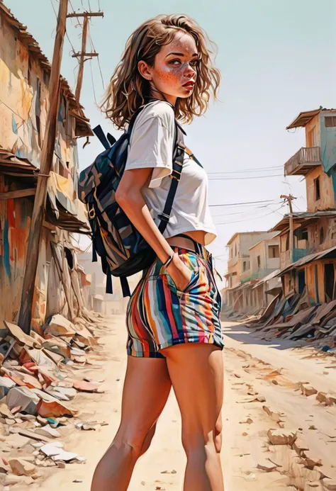 a photo,illustration,( biting her lip:1.5),close up,a woman, freckles,(striped shorts:1.3), backpack,wasteland, walking past, on a planet,traveler,(shot from the side:2.0),looking at camera,( eye contact:1.3), vivid colors, intricate details, realistic sty...