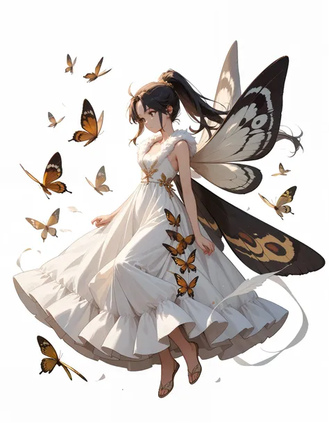 score_9, score_8_up, score_7_up, 1girl, solo, moth-wings, ponytail, full-body, floating, long-dress, white-background