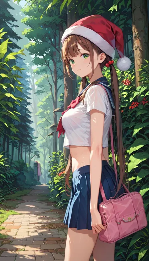 score_9, score_8_up, score_7_up, masterpiece, absurdres, forest, sidewalk, trees, 1girl, close up, schoolgirl, green eyes, brown...