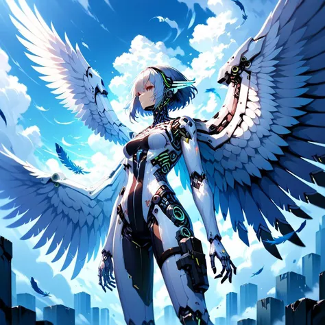 flying angel, cyborg, implant, mechanical body, celestial, skintight, bodysuit, leotard, large wings, feathers, clouds, columns,...