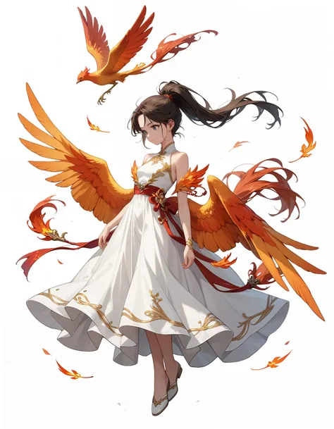 score_9, score_8_up, score_7_up, 1girl, solo, phoenix-wings, ponytail, full-body, floating, long-dress, white-background