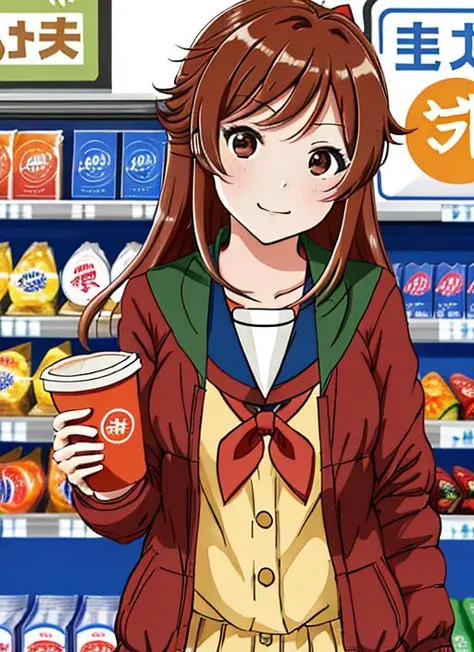 koshigaya_natsumi, 1 girl, highres, high quality, high detail, (wearing serafuku), in a convenience store buying cup ramen,