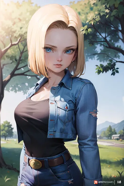 masterpiece, best quality, ultra-detailed, absurdres, Potrait of beautiful Android18DB, solo, denim, breasts, belt, medium_breasts, outdoors, torn_clothes, volumetric lighting, best quality, masterpiece, intricate details, tonemapping, sharp focus, hyper d...