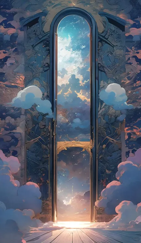 a painting of a doorway leading to a sky filled with clouds