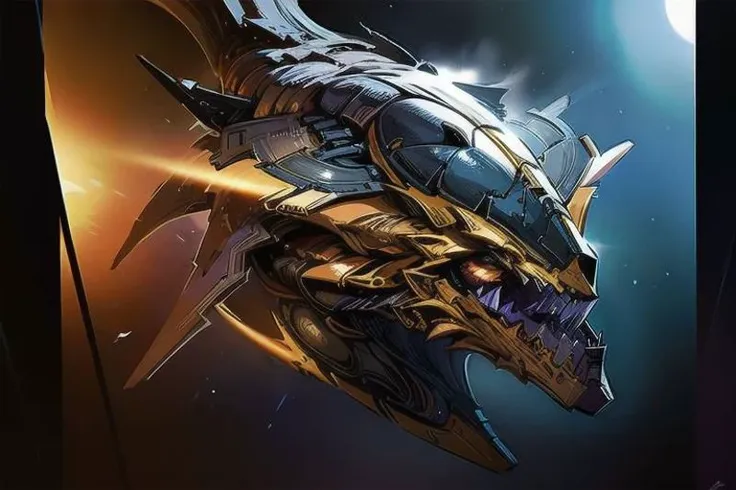 a close up of a dragon with a sword in its mouth