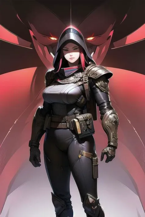 a woman in a black outfit and helmet standing in front of a red background