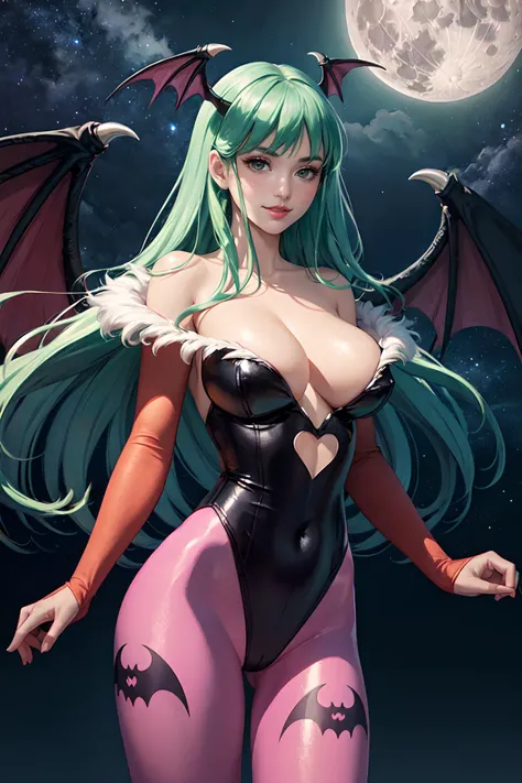 1 girl, mature female, <lora:GAME_morrigan_aensland_aiwaifu-10:0.8>, morrigan aensland, (large breasts:1.4,) shiny_skin, (bare_shoulders:1.2), lips, floating hair, smile, official art,extremely detailed CG unity 8k wallpaper, perfect lighting,Colorful, Bri...