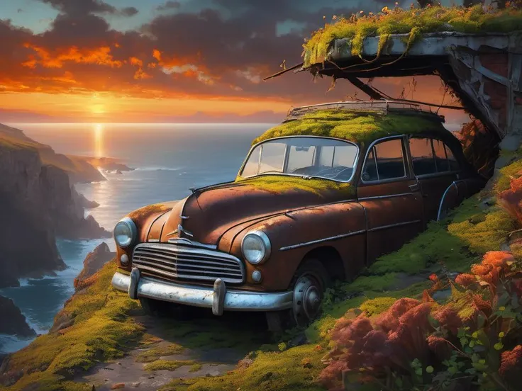 a decayed car on a cliff top, rust, moss flowers, vines,, Eye-catching sunset, Masterpiece realistic, best high quality, perfect details, intricate details, nice lighting, detailed background,<lora:eye-catching_sunset:1.0>