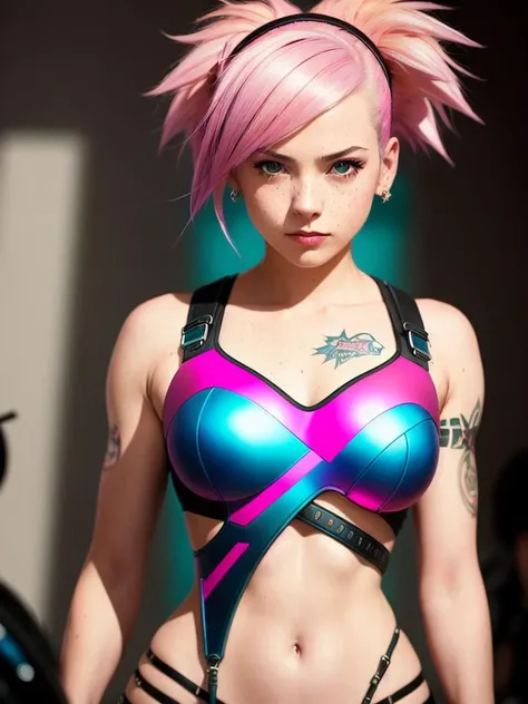 full shot body photo of the most beautiful artwork in the world featuring (a girl name is  judy) in (Mewtwo Studio) (Cyberpunk 2077),pink punk hair, freckles,  nostalgia, sexy, heart professional majestic oil painting by Ed Blinkey, Atey Ghailan, Studio Gh...