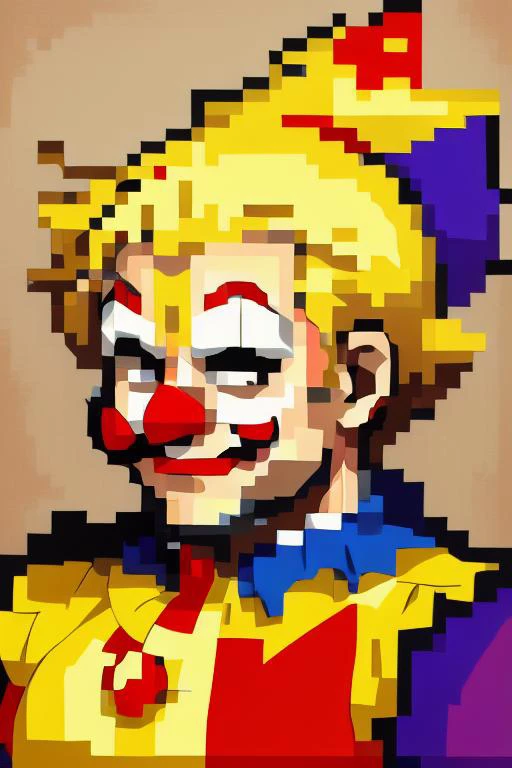 <lora:Lord AK Style - V1:0.85> lord_ak_style, popart, colorful, retro <lora:Final Fantasy 6 Portraits - V1:0.6> final_fantasy_6_portrait, snes, pixelart, clown, clown_nose, clown_makeup, tutu, orange_hair,