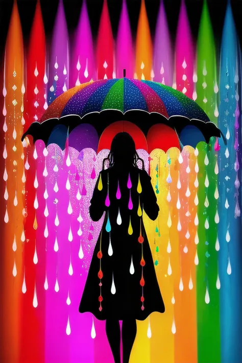 high quality, 8K, a vibrant canvas illuminated by a cascade of multicolored rain drops, forming a silhouette of a large (mysterious feminine figure) blocking some of the rain, dynamic lines and patterns