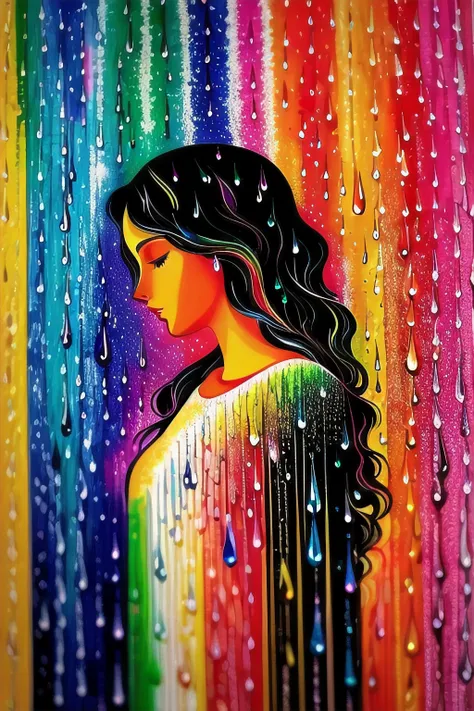 high quality, 8K, a vibrant canvas illuminated by a cascade of multicolored rain drops, forming a silhouette of a large (mysterious feminine figure) blocking some of the rain, dynamic lines and patterns