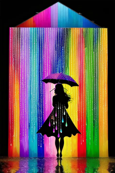 high quality, 8K, a vibrant canvas illuminated by a cascade of multicolored rain drops, forming a silhouette of a large (mysterious feminine figure) blocking some of the rain, dynamic lines and patterns