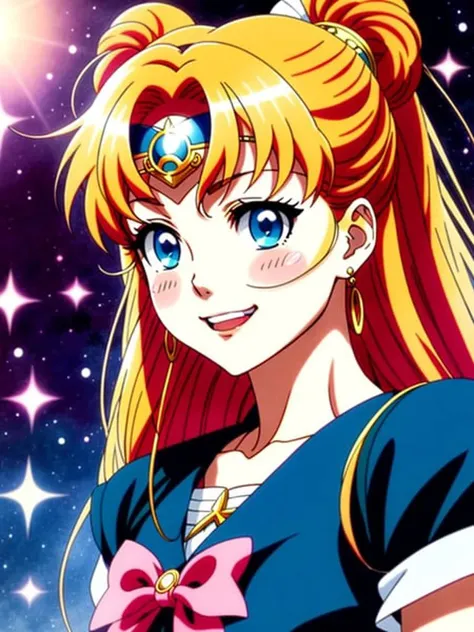 sailor girl with long blonde hair and blue eyes in space