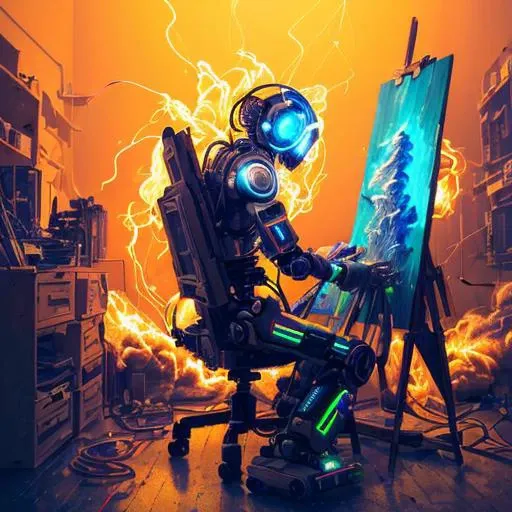 (masterpiece, best quality, highres, absurdres, detailed:1.2), humanoid, robot, wearing headphones, looking away, (cyberpunk, art canvas, paint brush, easel, iridescent, holographic: 1.6), (cables, wires, flames, fire, smoke, overheat, explosion, indoors, room, simple background)