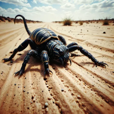 there is a large black scorpion sitting on the sand