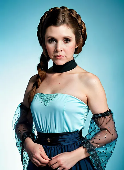 portrait of Carrie Fisher, guilty , wearing haute couture garments , with black Beachy waves , background ship epic (photo, studio lighting, hard light, sony a7, 50 mm, matte skin, pores, colors, hyperdetailed, hyperrealistic), <lyco:Carrie Fisher:1.1>