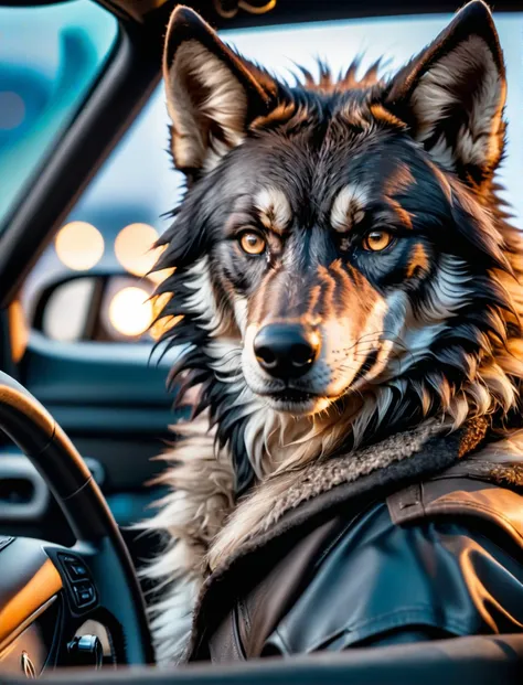 arafed dog sitting in a car with a leather jacket on