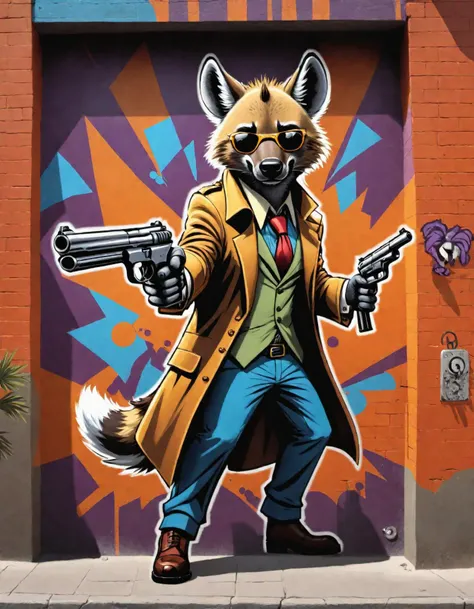 Graffiti style comic an an furry mobster hyena male shooting his tompson gun . Street art, vibrant, urban, detailed, tag, mural