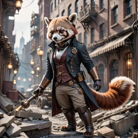 steampunk red panda in a destroyed city . shallow depth of field, vignette, highly detailed, high budget, bokeh, cinemascope, moody, epic, gorgeous, film grain, grainy <lora:SteampunkXL_V1:0.8>, high quality photography, 3 point lighting, flash with softbo...