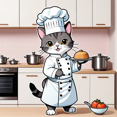 line art drawing ((a cute cat chef in his kitchen")), masterpiece, best quality, Sticker, Cute sticker, Kawaii sticker, die-cut, plain background, illustration minimalism, vector, pastel colors, kawaii . professional, sleek, modern, minimalist, graphic, li...