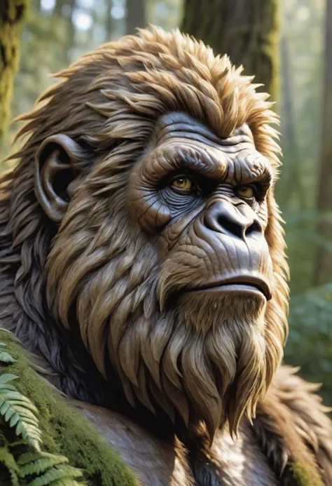 a close up of a statue of a gorilla in a forest