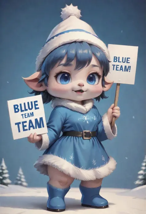 masterpiece, the embodiment of cuteness, in blue Christmas clothes, holding a sign saying Blue Team