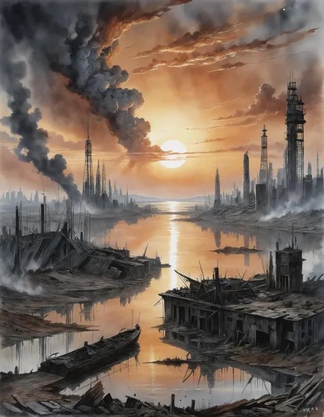 post-apocalyptic sunset at the end of the world of the new dawn aquarelle drawing
, detailed, realistic, 8k uhd, high quality