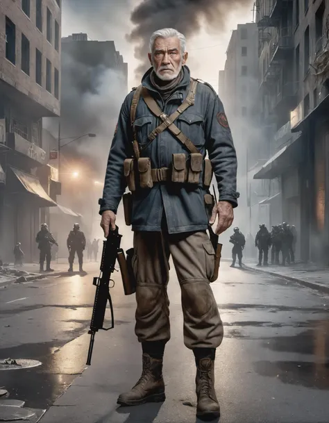 old man is standing on a street in a post apocalyptic city he is wearing a soldier outfit and holding a gun, high quality photography, 3 point lighting, flash with softbox, 4k, Canon EOS R3, hdr, smooth, sharp focus, high resolution, award winning photo, 8...