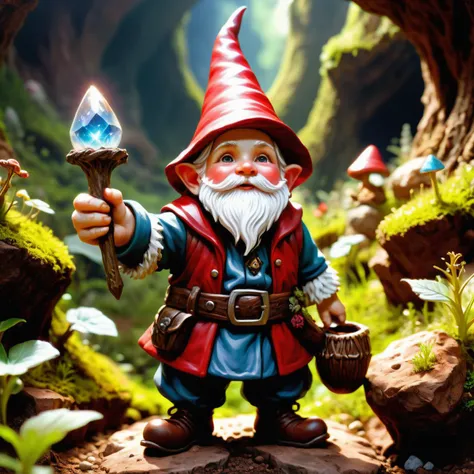 hyper detailed masterpiece, dynamic, awesome quality,female  gnome, small humanoid creature, stocky and stout appearance, long white beard, pointed hat, red or earth toned, rounded belly, rosy cheeks, practical earthy clothing, connection to earth and natu...