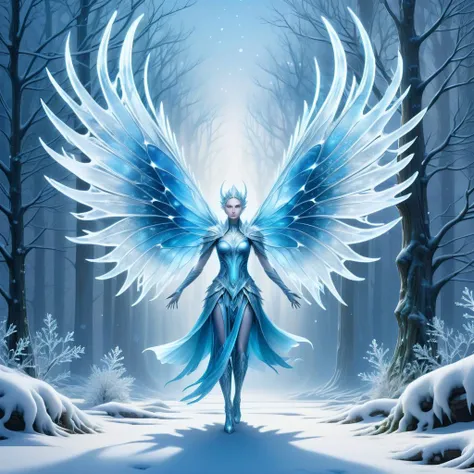 hyper detailed masterpiece, dynamic, awesome quality, hinn, Ethereal nature spirit being, manifestation of frost and ice, delicate and fragile appearance,  symbol of transient beauty, harbinger of the changing seasons, ethereal and almost invisible presenc...